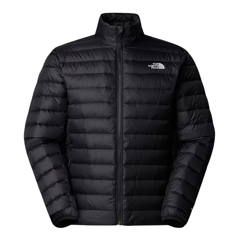 Black puffer jacket with The North Face logo on a white background