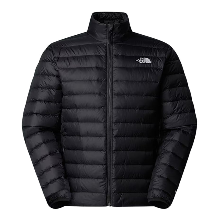 Black puffer jacket with The North Face logo on a white background