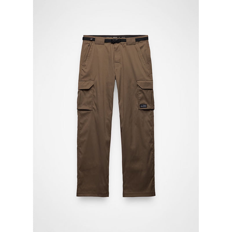 A pair of brown cargo pants with a black belt, displayed flat against a light gray background.