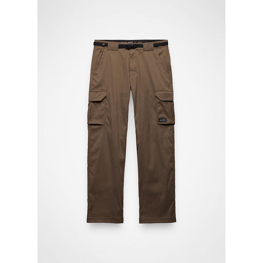 A pair of brown cargo pants with a black belt, displayed flat against a light gray background.