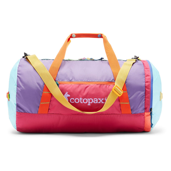 Colorful duffel bag with 'cotopaxi' branding on a white background