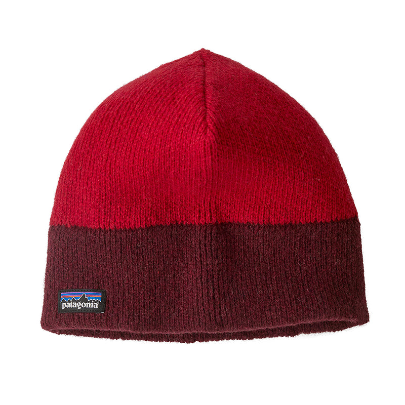 Red and brown beanie with Patagonia logo on a white background
