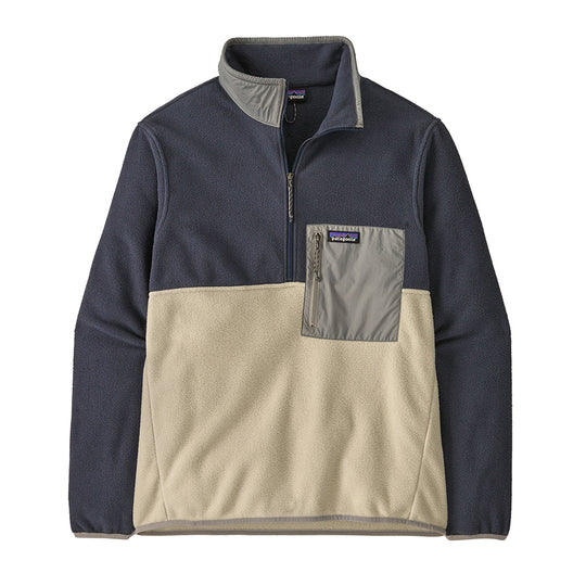 Navy and beige fleece pullover with a pocket on a white background