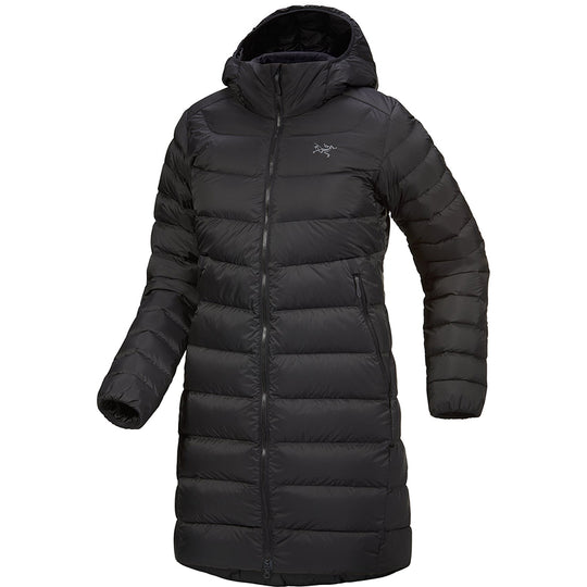 Black puffer coat with a brand logo on a white background