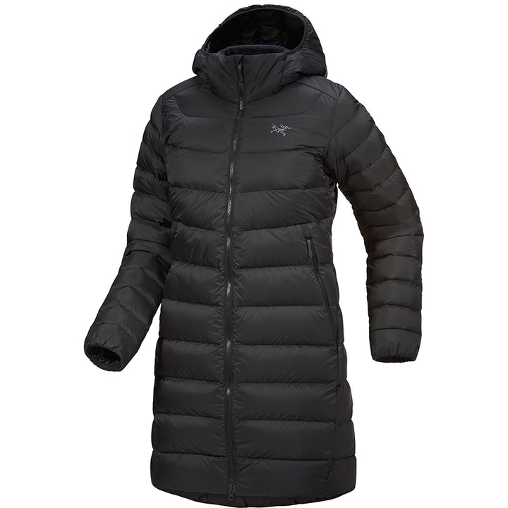 Black puffer coat with a brand logo on a white background