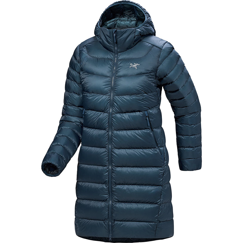 Blue puffer coat with a brand logo on a white background