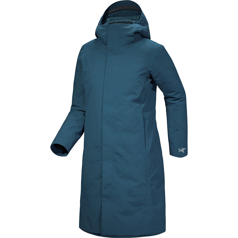 Blue winter coat with a hood on a white background