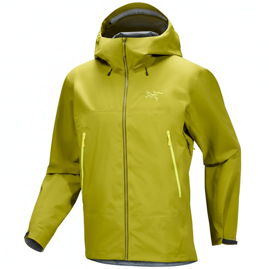 Yellow jacket with a brand logo on a white background