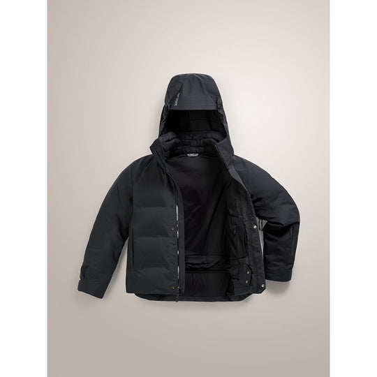 Black winter jacket with a hood on a light gray background