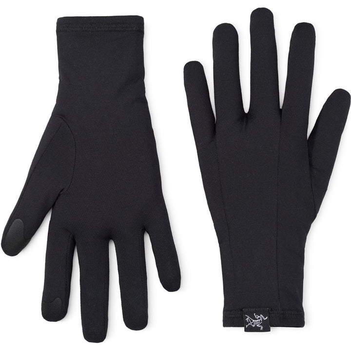 Pair of black gloves with a brand logo on a white background