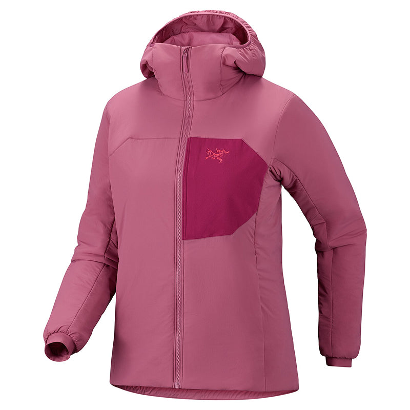 A pink Arc'teryx hooded jacket with a contrasting magenta chest pocket and logo, shown on a plain white background.