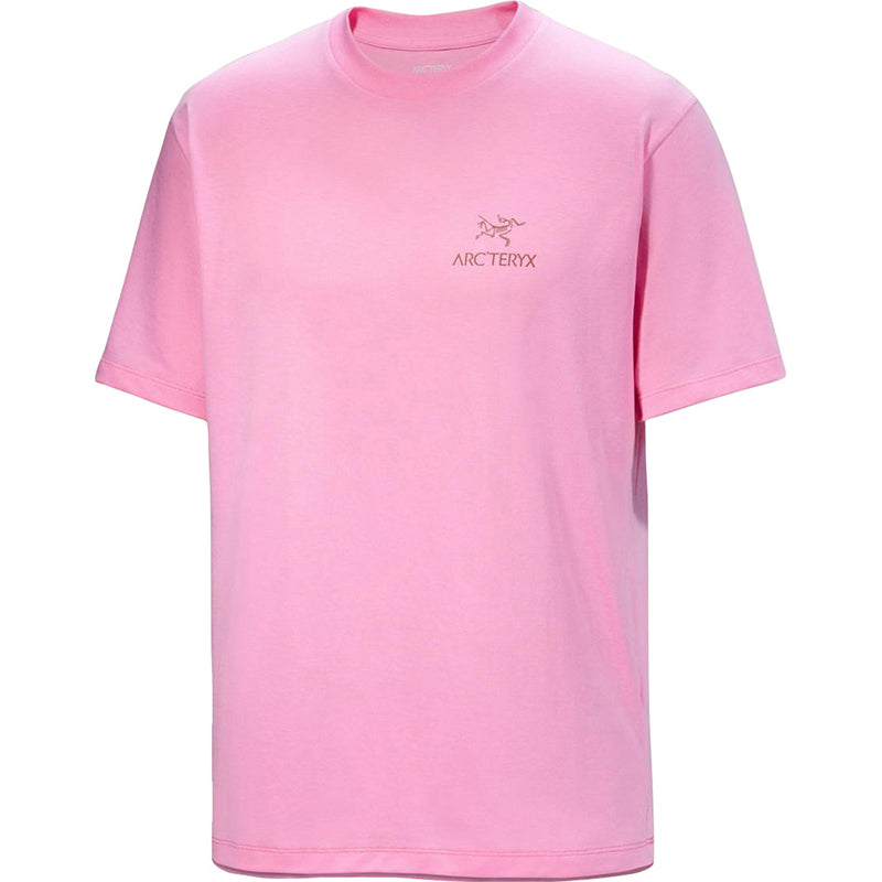 Pink t-shirt with Arc'teryx logo on a white background