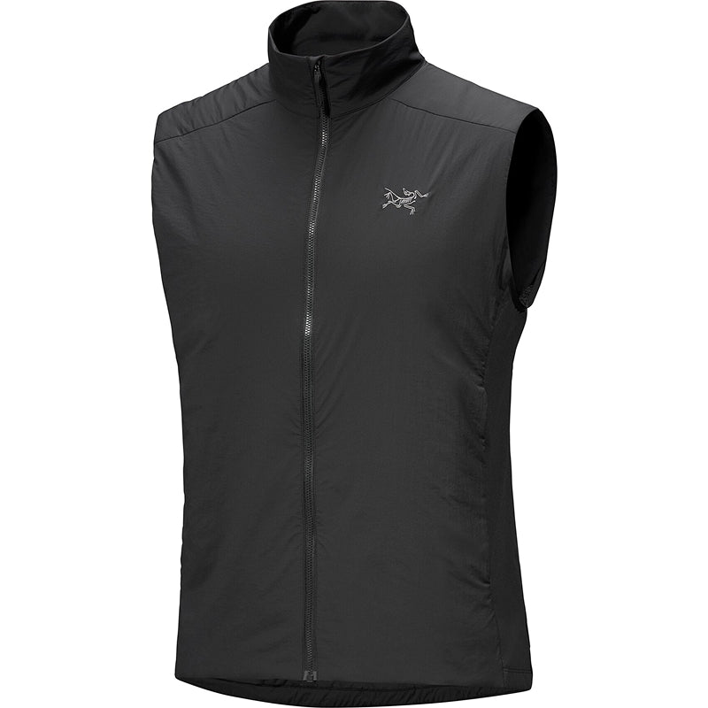 Black sleeveless jacket with a brand logo on a white background