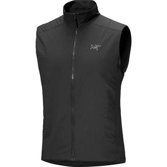 Black sleeveless jacket with a brand logo on a white background