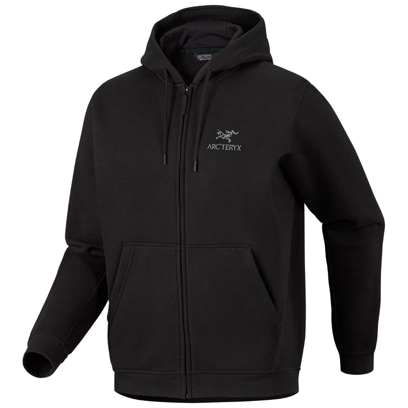 A black Arc'teryx zip-up hoodie with a white embroidered logo on the left chest, displayed on a clean white background.