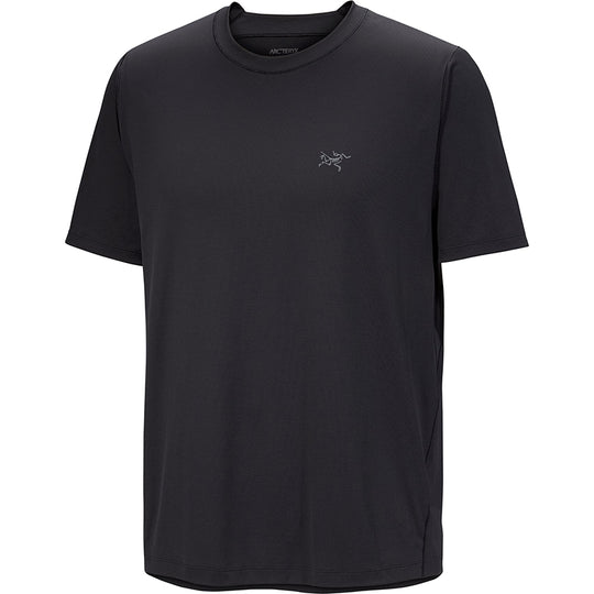 Black t-shirt with a logo on a white background