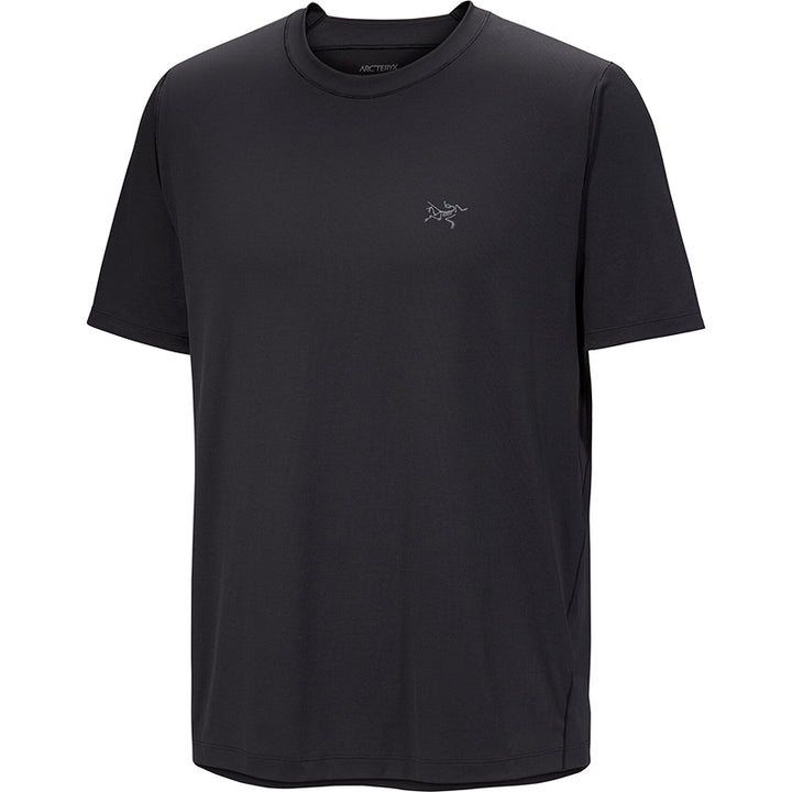 Black t-shirt with a logo on a white background