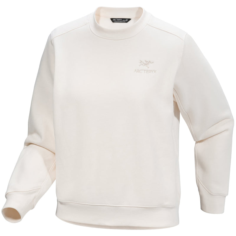 White sweatshirt with a brand logo on a white background