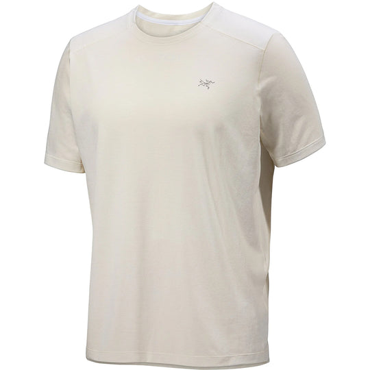 A short-sleeve crewneck athletic t-shirt in off-white/cream, featuring a small Arc&