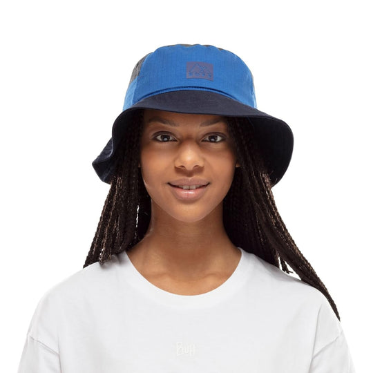 lady wearing buff sun bucket hat blue