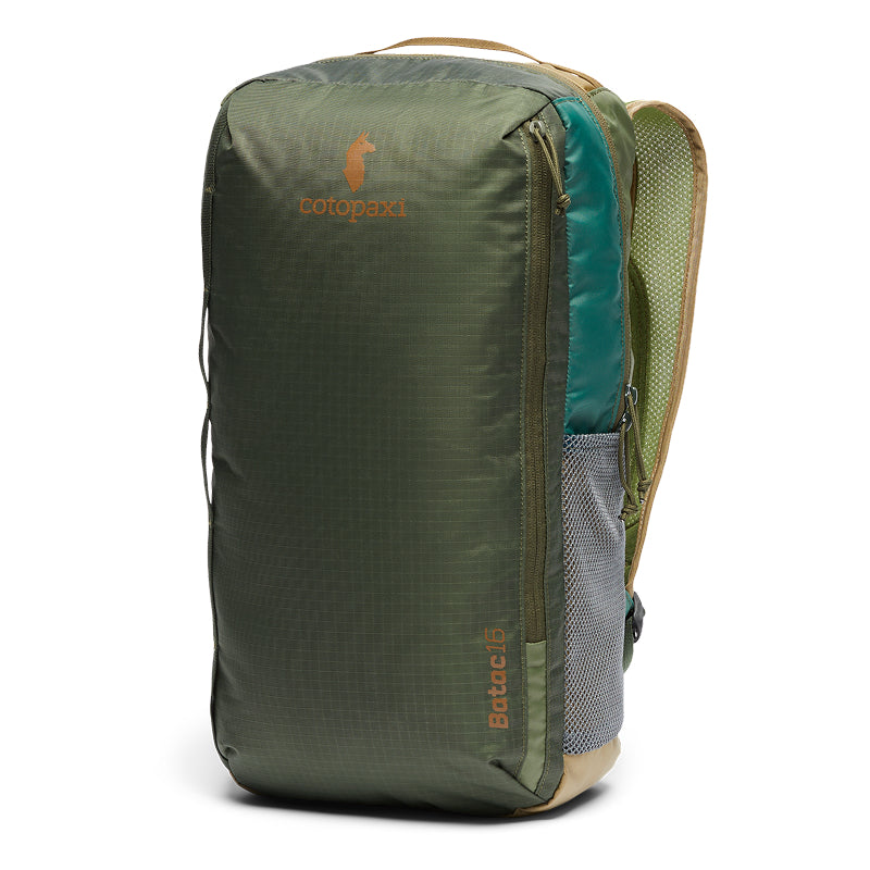 Green backpack with a brand logo on a white background