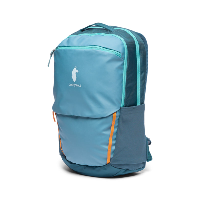 Blue backpack with orange accents on a white background