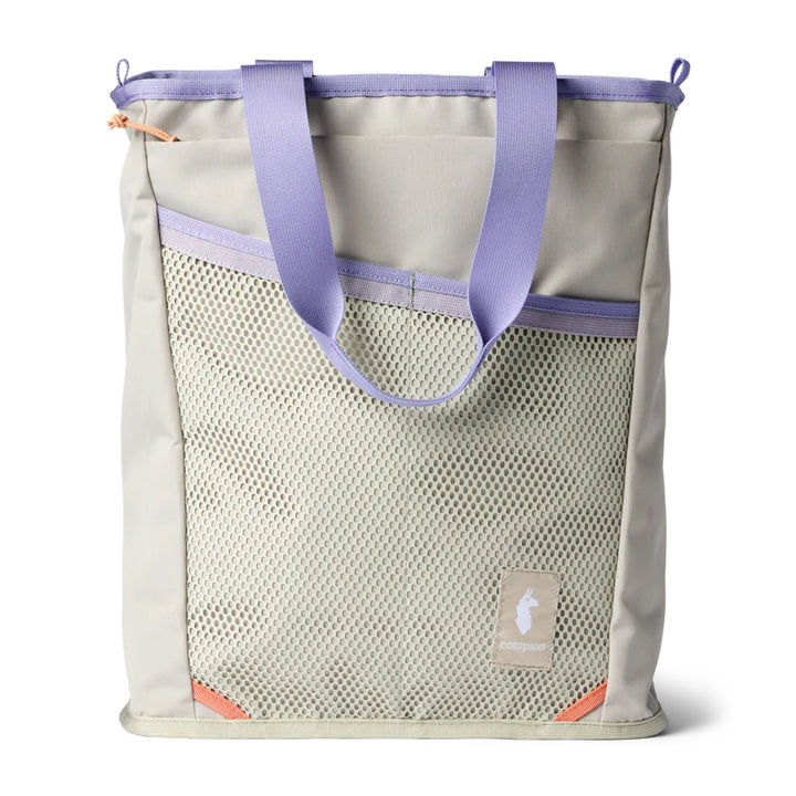 Tote bag with mesh side and purple handles on a white background