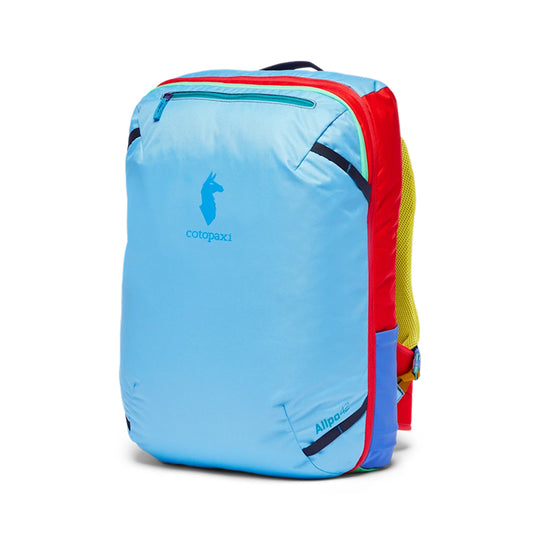 A blue and red Cotopaxi Allpa 42L travel backpack with a cushioned and mesh suspension system.