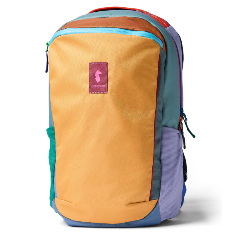 Multicolored backpack with a visible brand logo on a white background