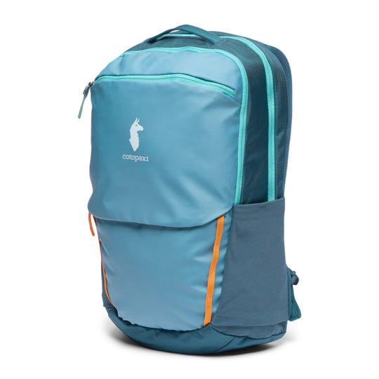 Blue backpack with a visible brand logo on a white background