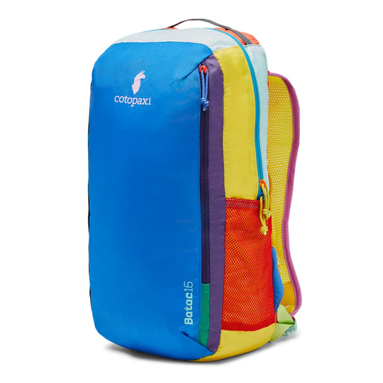 Colorful backpack with multiple compartments on a white background