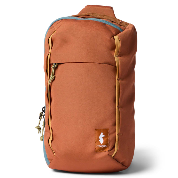 Brown backpack with a visible brand logo on a white background
