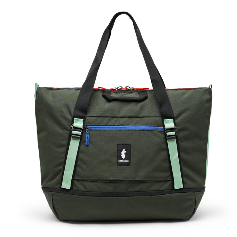 Green travel bag with black straps and a visible brand logo on a white background