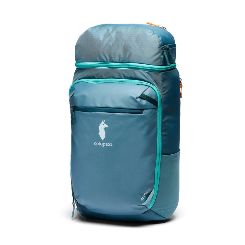 Blue backpack with teal accents on a white background