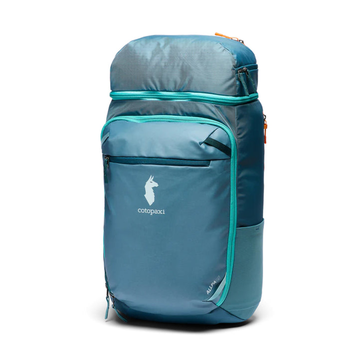 Blue backpack with teal accents on a white background