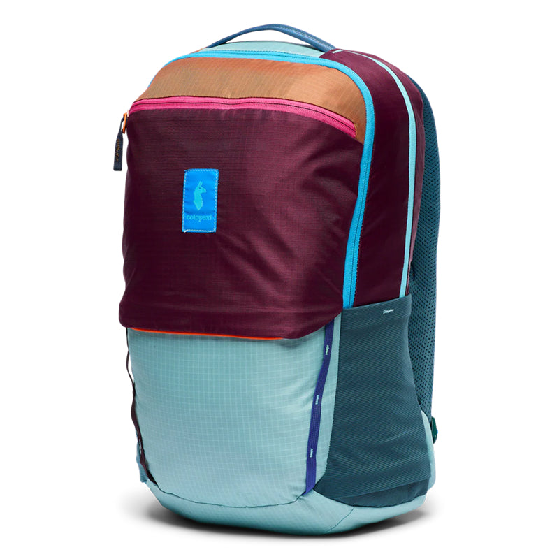 Multicolored backpack with a blue logo on a white background