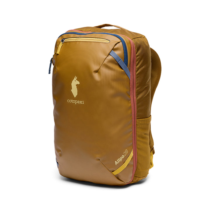 Brown backpack with visible branding on a white background