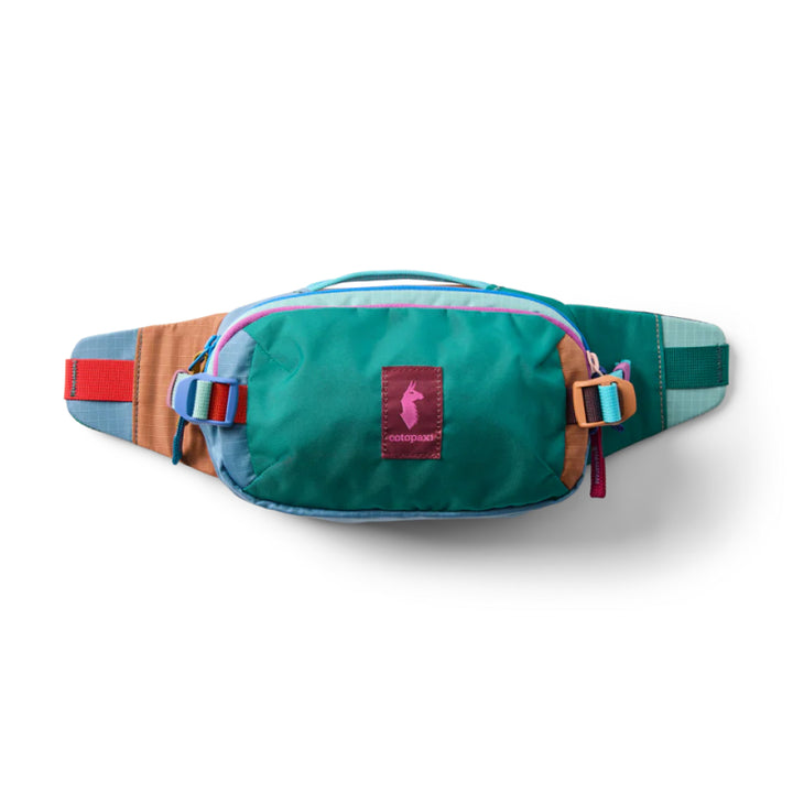Multicolored waist bag with a brand logo on a white background