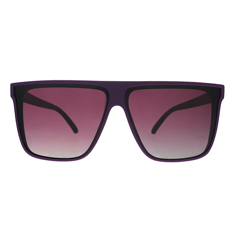 Sunglasses with a purple frame and gradient lenses on a white background
