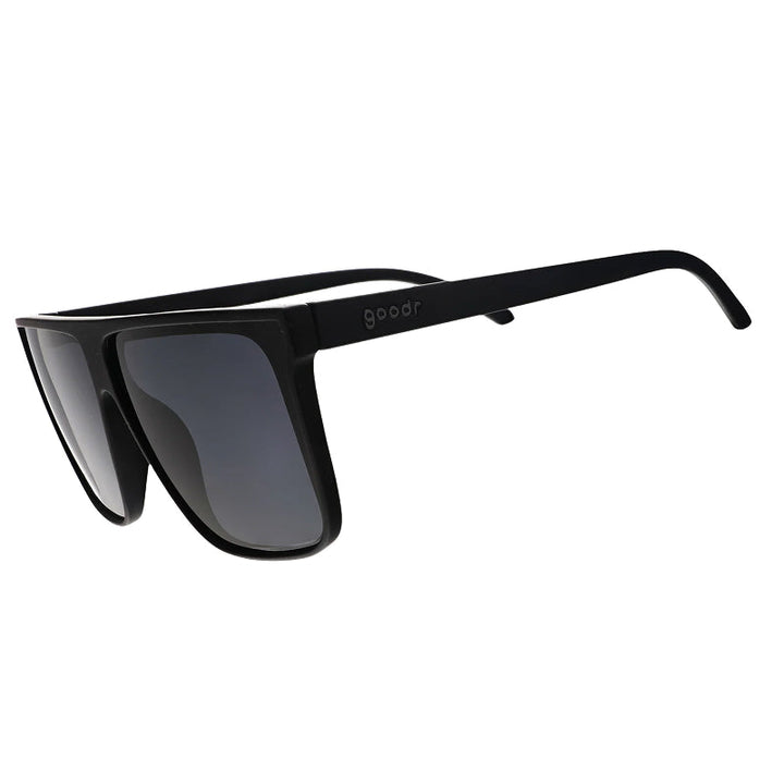 Black sunglasses with a brand logo on a white background