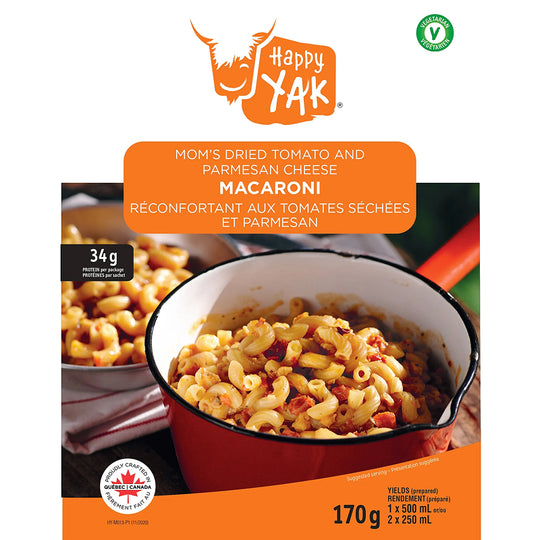 Front packaging of a Happy Yak Macaroni dried tomato and parmesan cheese pouch, showing the brand logo, product name, a photo of macaroni in a red pot, and orange product color blocks on a white background.