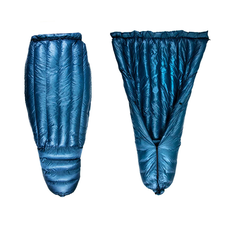 Two blue sleeping bags, one open and one closed, on a white background