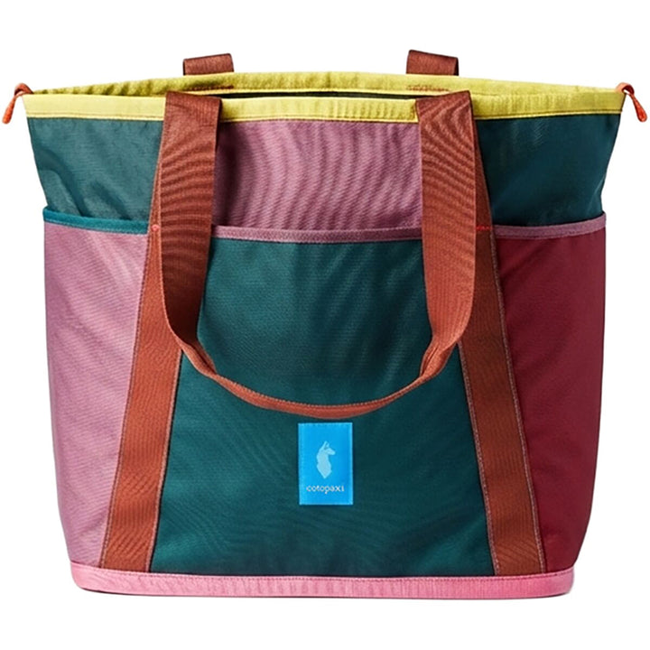 Multicolored tote bag with a visible brand logo on a white background
