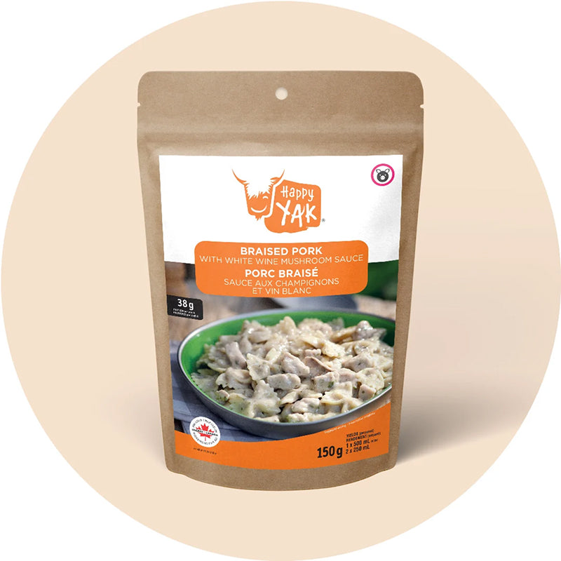 A 150g stand-up pouch of Happy Yak Braised Pork with White Mushroom Sauce, shown against a light beige circular background.