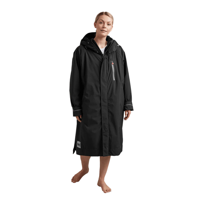 Person wearing a black raincoat on a white background