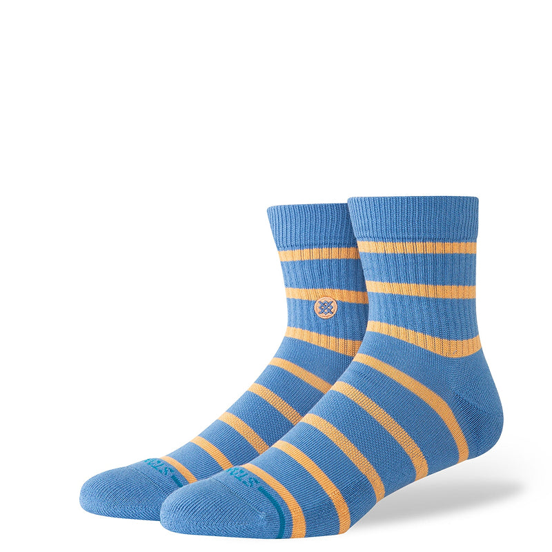 Blue and orange striped socks on a white background