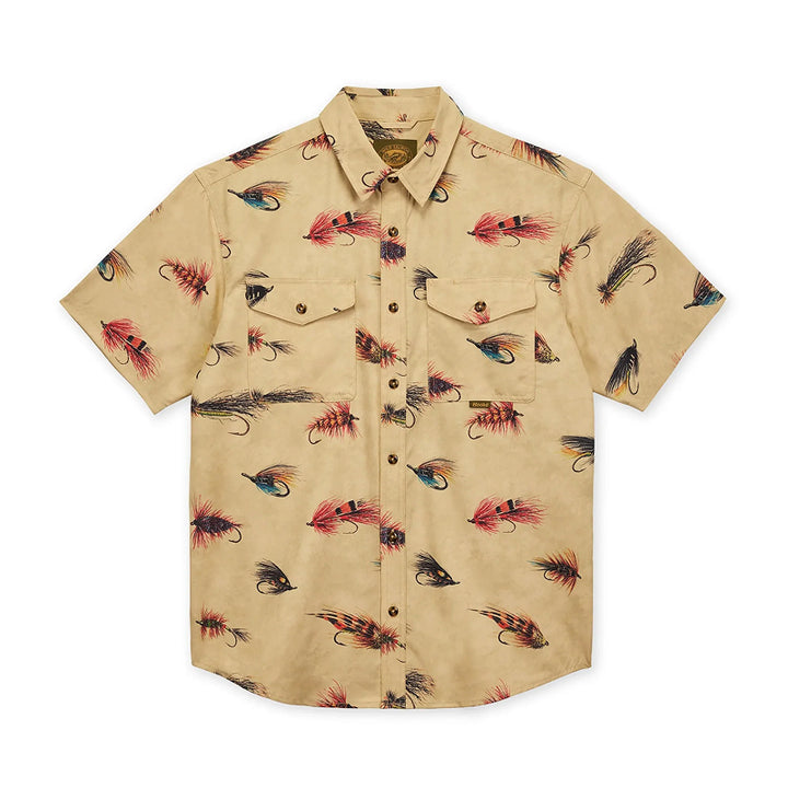 Beige shirt with fishing lure pattern on a white background