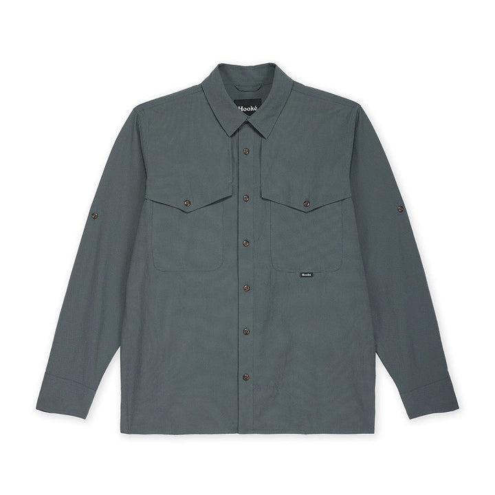 Green shirt with button details on a white background