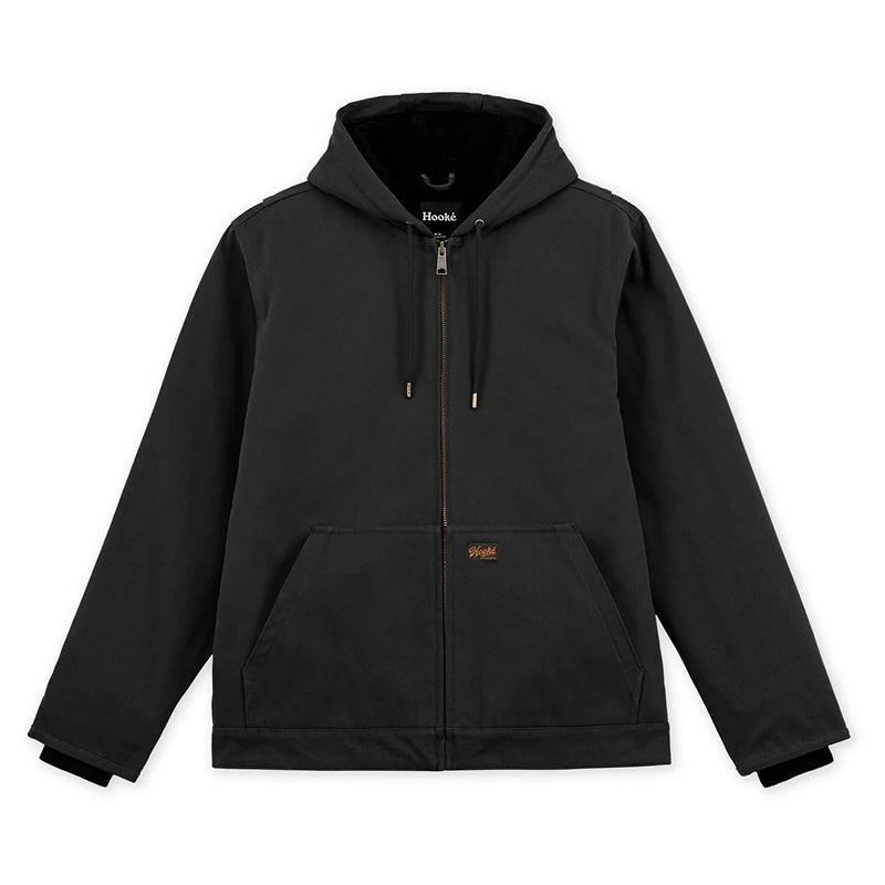 A black full-zip hooded jacket with a front kangaroo pocket, displayed flat against a solid white background. The brand name 'Hooki' is visible on the inner neck label and the front pocket.