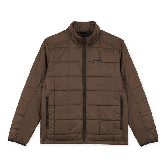 Brown quilted jacket with black zippers on a white background